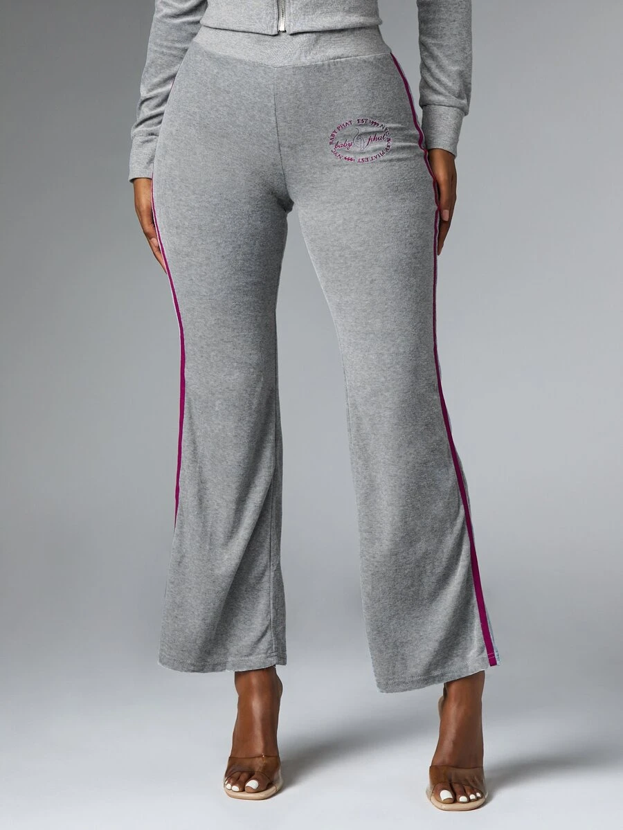 BABYPHAT Celana Panjang Model Flare dengan Logo Bordir dan Detail Garis Samping, Pinggang Tinggi, Celana Santai Kasual Panjang Penuh - Grey - View 1