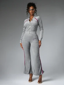 BABYPHAT Celana Panjang Model Flare dengan Logo Bordir dan Detail Garis Samping, Pinggang Tinggi, Celana Santai Kasual Panjang Penuh - Grey - View 4