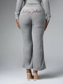 BABYPHAT Celana Panjang Model Flare dengan Logo Bordir dan Detail Garis Samping, Pinggang Tinggi, Celana Santai Kasual Panjang Penuh - Grey - View 2