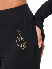 BABYPHAT Gold Script Logo Flare Pants With Cat Logo Detail Mid Rise Full Length Stretch Knit Bootcut Trousers Fall - Black - View 6