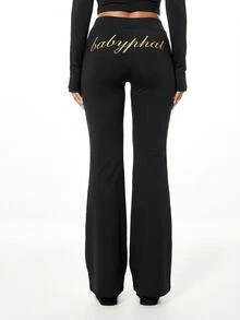 BABYPHAT Gold Script Logo Flare Pants With Cat Logo Detail Mid Rise Full Length Stretch Knit Bootcut Trousers Fall - Black - View 4