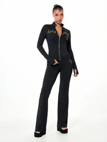BABYPHAT Gold Script Logo Flare Pants With Cat Logo Detail Mid Rise Full Length Stretch Knit Bootcut Trousers Fall - Black - View 3