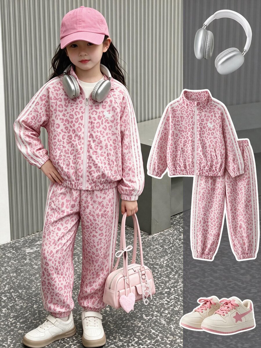 SHEIN Genkimix Kids Setelan 2 Potong Jaket Berkerah Tegak Motif Leopard untuk Anak Perempuan, Motif Leopard Dasar Cokelat, Lengan Panjang Berkerah Tegak, Manset dan Ujung Bawah Bergaris, Celana Motif Leopard Serasi dengan Manset di Pergelangan Kaki, Cocok untuk Sekolah Sehari-hari, Jalan-jalan, Pemotretan, Serbaguna dan Praktis untuk Musim Semi dan Gugur - Berwarna merah muda - View 1