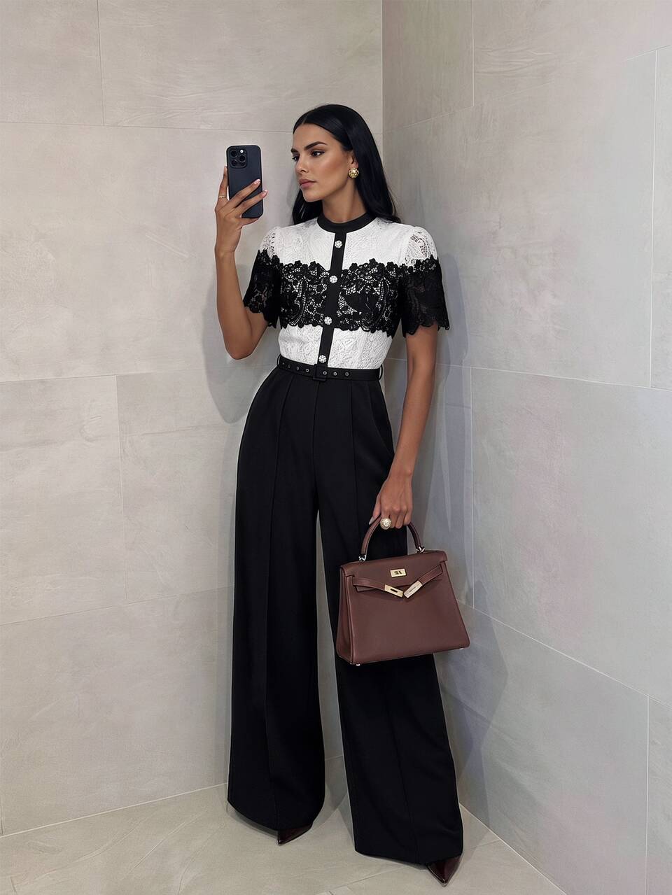 Anewsta 2026 Autumn/Winter New Women's Commuter Outfit, Fashion Colorblock Water-Soluble Lace Pearl Rhinestone Embellished Waist-Cinching Wide-Leg Jumpsuit, Elegant Elegant Business Casual