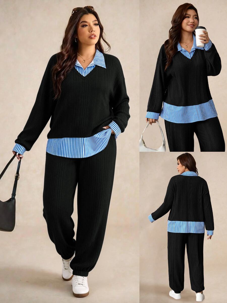 EMERY ROSE CURVE Plus Size Women's Autumn/Winter Casual Patchwork Striped Print Knit Fleece Ribbed 2 Pieces Set - Multicolor - View 1