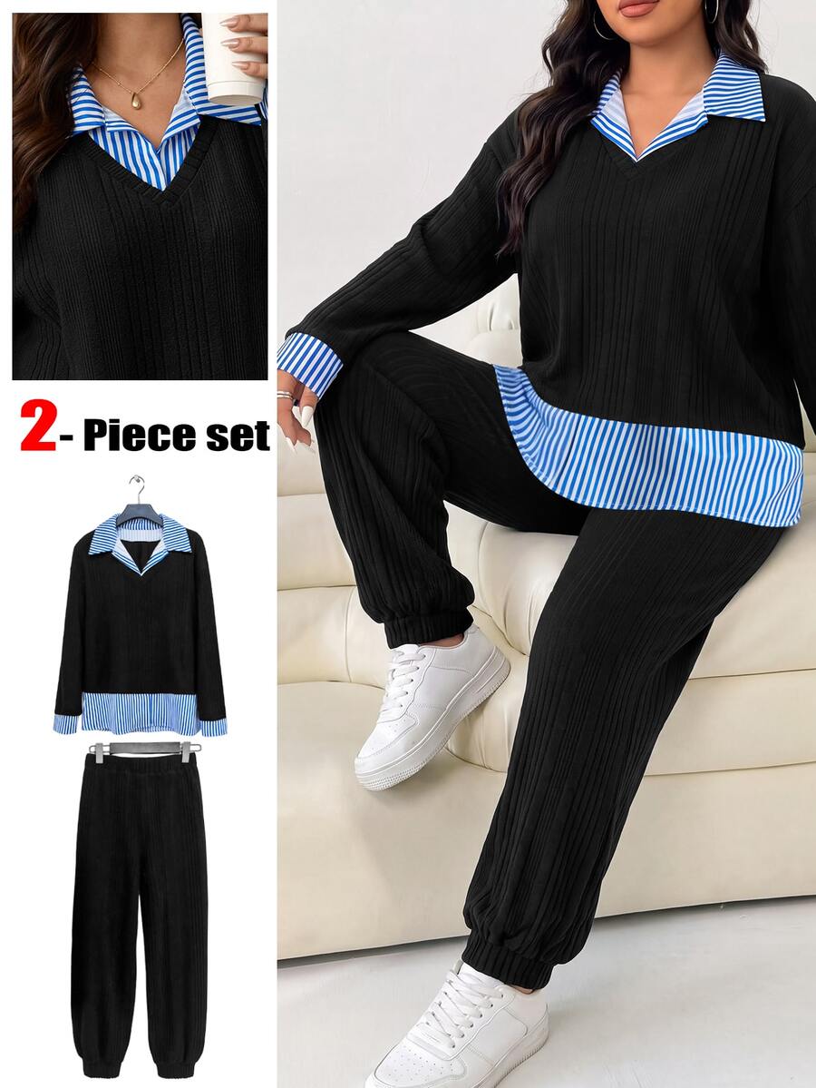 EMERY ROSE CURVE Plus Size Women's Autumn/Winter Casual Patchwork Striped Print Knit Fleece Ribbed 2 Pieces Set - Multicolor - View 1