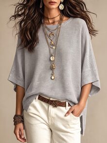 GlowEve Women's Solid Color Batwing Sleeve Knit Top Everyday Home Light Grey Summer Casual - Light Grey - View 1