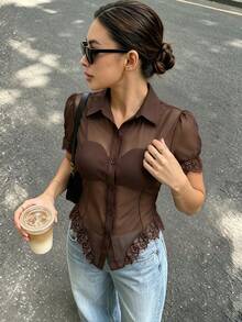 Cévolie 女款蕾絲拼接休閒性感百搭日常穿著上衣 深棕色 夏季 夜生活外出穿搭 - 棕色 - 查看 6