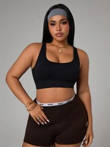 Rhythm Era Plus Size Women's Minimalist Solid Color Criss-Cross Backless Sports Bra, Summer - Black - View 3