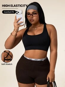 Rhythm Era Plus Size Women's Minimalist Solid Color Criss-Cross Backless Sports Bra, Summer - Black - View 1