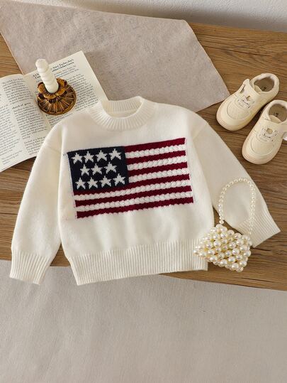 SHEIN Newborn Baby Girls American Flag Knitted Sweater Crew Neck Long Sleeve Red And White Stripe Pullover Soft Warm Matching Family Sisters Autumn Modest