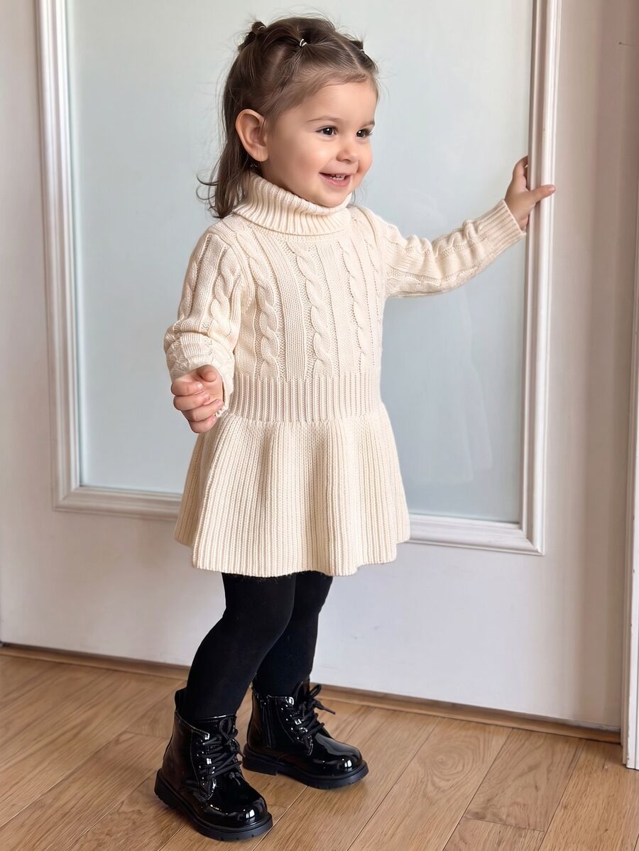 SHEIN Baby Girl High Collar Cable Knit Sweater Dress Autumn Fall