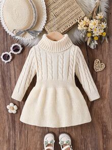 SHEIN Baby Girl High Collar Cable Knit Sweater Dress Autumn Fall - Apricot - View 4