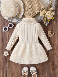 SHEIN Baby Girl High Collar Cable Knit Sweater Dress Autumn Fall - Apricot - View 3