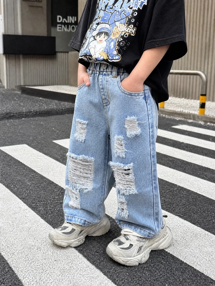 SHEIN 男嬰韓系時尚黑色破洞寬腿牛仔褲，街頭風圖案、口袋設計，經典耐穿易打理，柔軟大膽時尚酷感清新校園牛仔褲