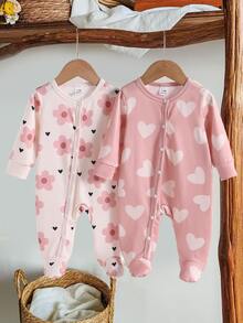 SHEIN 2pcs/Set Autumn/Winter Newborn Ditsy Floral Footed Pajamas, Long Sleeve Round Neck Bow Pants Heart Soft Comfortable Cute Loungewear - Pink - View 4