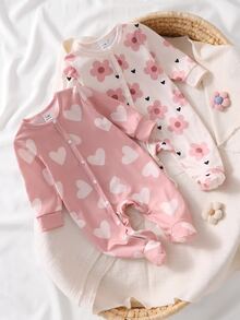 SHEIN 2pcs/Set Autumn/Winter Newborn Ditsy Floral Footed Pajamas, Long Sleeve Round Neck Bow Pants Heart Soft Comfortable Cute Loungewear - Pink - View 5