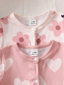 SHEIN 2pcs/Set Autumn/Winter Newborn Ditsy Floral Footed Pajamas, Long Sleeve Round Neck Bow Pants Heart Soft Comfortable Cute Loungewear - Pink - View 6