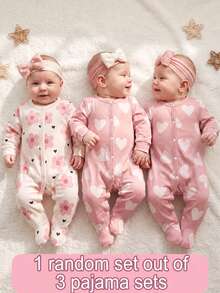 SHEIN 2pcs/Set Autumn/Winter Newborn Ditsy Floral Footed Pajamas, Long Sleeve Round Neck Bow Pants Heart Soft Comfortable Cute Loungewear - Pink - View 1