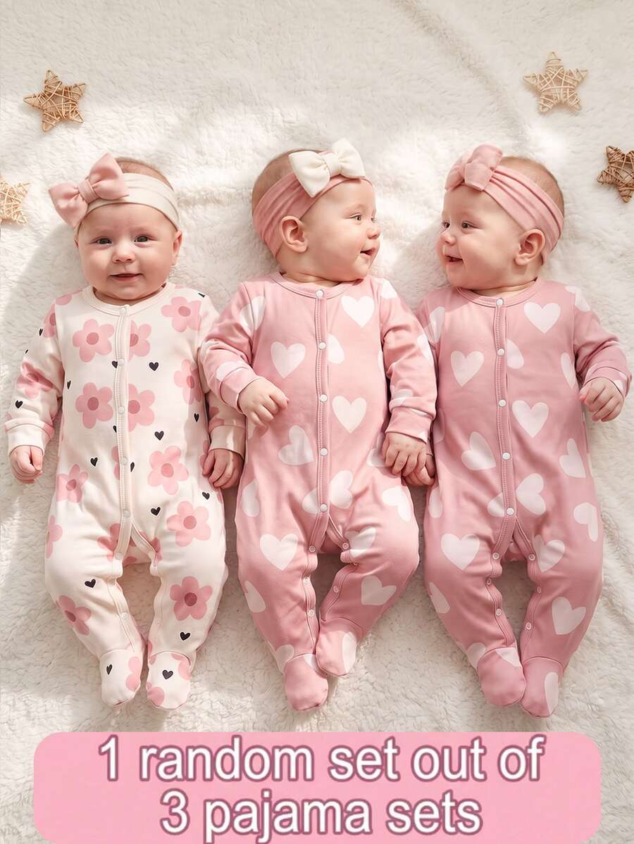 SHEIN 2pcs/Set Autumn/Winter Newborn Ditsy Floral Footed Pajamas, Long Sleeve Round Neck Bow Pants Heart Soft Comfortable Cute Loungewear - Pink - View 1
