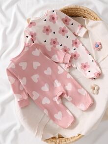 SHEIN 2pcs/Set Autumn/Winter Newborn Ditsy Floral Footed Pajamas, Long Sleeve Round Neck Bow Pants Heart Soft Comfortable Cute Loungewear - Pink - View 2
