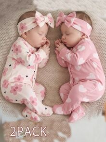 SHEIN 2pcs/Set Autumn/Winter Newborn Ditsy Floral Footed Pajamas, Long Sleeve Round Neck Bow Pants Heart Soft Comfortable Cute Loungewear - Pink - View 3