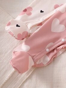 SHEIN 2pcs/Set Autumn/Winter Newborn Ditsy Floral Footed Pajamas, Long Sleeve Round Neck Bow Pants Heart Soft Comfortable Cute Loungewear - Pink - View 8