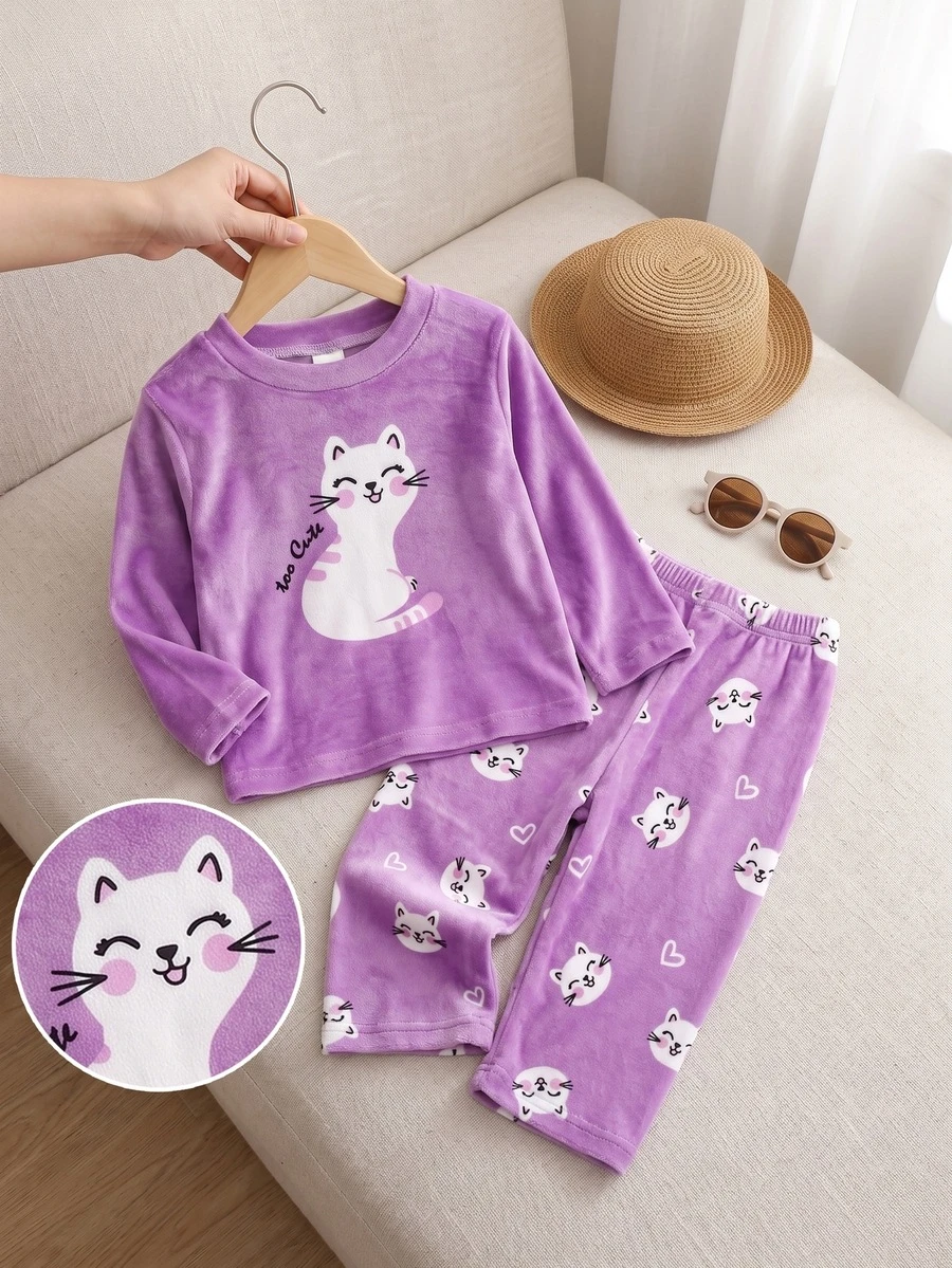 SHEIN Playful Pals 秋冬女童睡衣套裝，可愛貓咪印花刷毛長袖上衣與長褲套裝，甜美優雅嬰兒女童款，淡紫色幼兒房穿著，柔軟舒適