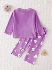 SHEIN Playful Pals 秋冬女童睡衣套裝，可愛貓咪印花刷毛長袖上衣與長褲套裝，甜美優雅嬰兒女童款，淡紫色幼兒房穿著，柔軟舒適 - 紫色 - 查看 5