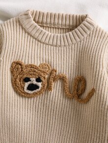 SHEIN Vintaside Kids 男嬰經典休閒可愛時尚卡通刺繡針織毛衣，秋冬度假米色套頭衫 - 杏色 - 查看 6