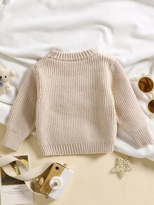SHEIN Vintaside Kids 男嬰經典休閒可愛時尚卡通刺繡針織毛衣，秋冬度假米色套頭衫 - 杏色 - 查看 3