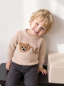 SHEIN Vintaside Kids 男嬰經典休閒可愛時尚卡通刺繡針織毛衣，秋冬度假米色套頭衫 - 杏色 - 查看 2