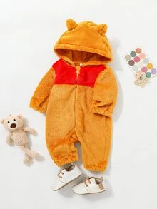 SHEIN Playful Pals Conjunto de manga larga con capucha y cremallera para bebé niño, estilo de bloques de color y dibujos animados, para otoño, Halloween, a juego familiar, cumpleaños, rojo, naranja, divertido, estilo occidental - Amarillo - Ver 5