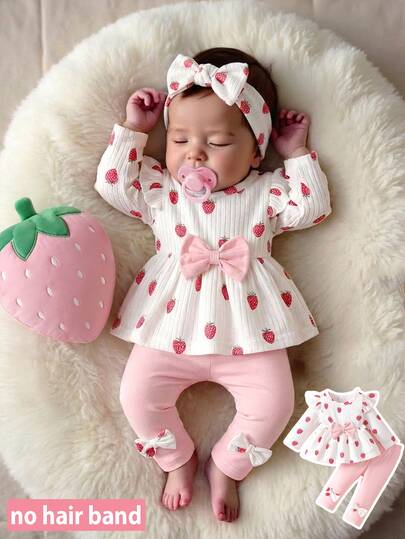 SHEIN Newborn Spring/Autumn Brown Heart Print Top With Bow Knot Decor Pure Black Long Pants  2-Piece Set Suitable For Outings, Sports, Christmas Parties
