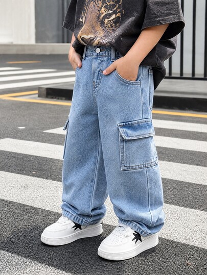 SHEIN 男嬰時尚街頭風休閒牛仔褲 石洗水色 寬鬆版型 貨物口袋 水藍色 秋季