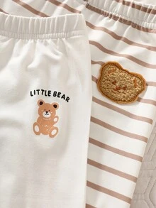 SHEIN 新生兒嬰兒休閒可愛黃色小熊、粉色小貓、白色小兔連腳褲，女嬰秋季款 - 棕色 - 查看 7