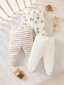 SHEIN 新生兒嬰兒休閒可愛黃色小熊、粉色小貓、白色小兔連腳褲，女嬰秋季款 - 棕色 - 查看 3