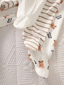 SHEIN 新生兒嬰兒休閒可愛黃色小熊、粉色小貓、白色小兔連腳褲，女嬰秋季款 - 棕色 - 查看 6