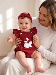SHEIN Playful Pals 新生女嬰 2件組：荷葉邊肩帶兔子泡泡連身褲 + 蝴蝶結髮帶，柔軟透氣，適合拍照與日常穿著 - 酒紅色 - 查看 3