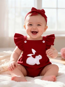 SHEIN Playful Pals 新生女嬰 2件組：荷葉邊肩帶兔子泡泡連身褲 + 蝴蝶結髮帶，柔軟透氣，適合拍照與日常穿著 - 酒紅色 - 查看 4