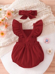 SHEIN Playful Pals 新生女嬰 2件組：荷葉邊肩帶兔子泡泡連身褲 + 蝴蝶結髮帶，柔軟透氣，適合拍照與日常穿著 - 酒紅色 - 查看 9