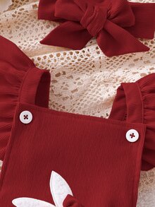 SHEIN Playful Pals 新生女嬰 2件組：荷葉邊肩帶兔子泡泡連身褲 + 蝴蝶結髮帶，柔軟透氣，適合拍照與日常穿著 - 酒紅色 - 查看 6