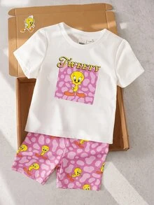 LOONEY TUNES X SHEIN 女嬰圓領短袖T恤與短褲休閒套裝 - 粉色 - 查看 3