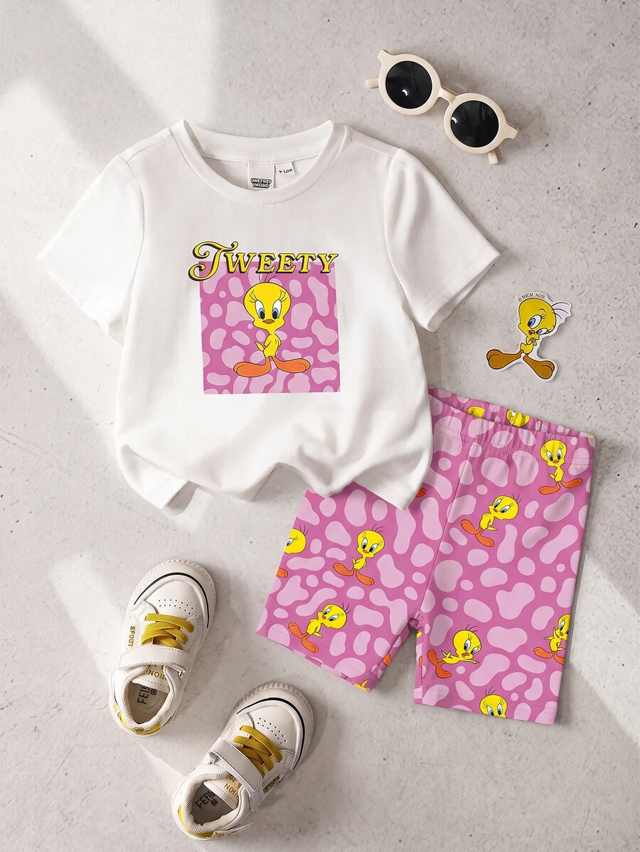 LOONEY TUNES X SHEIN 女嬰圓領短袖T恤與短褲休閒套裝 - 粉色 - 查看 1