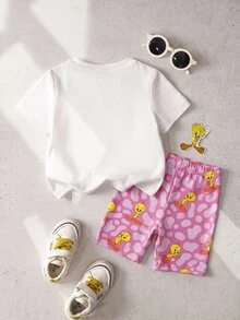 LOONEY TUNES X SHEIN 女嬰圓領短袖T恤與短褲休閒套裝 - 粉色 - 查看 2