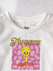LOONEY TUNES X SHEIN 女嬰圓領短袖T恤與短褲休閒套裝 - 粉色 - 查看 4