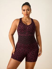 Rhythm Era Women's Plus Size Leopard Print Back Cutout Sleeveless Athletic Romper - Hot Pink - View 4