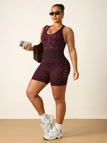 Rhythm Era Women's Plus Size Leopard Print Back Cutout Sleeveless Athletic Romper - Hot Pink - View 6