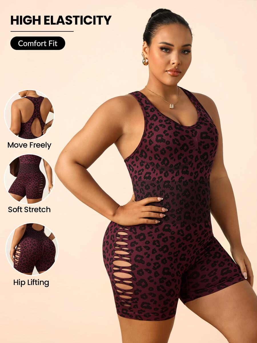 Rhythm Era Women's Plus Size Leopard Print Back Cutout Sleeveless Athletic Romper - Hot Pink - View 1