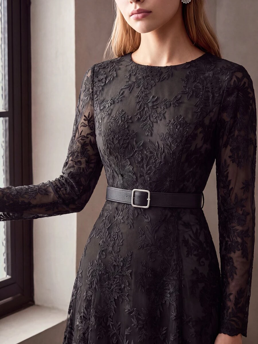 MOTF PREMIUM ELEGANT EMBROIDERED MESH BELTED DRESS - Black - View 1